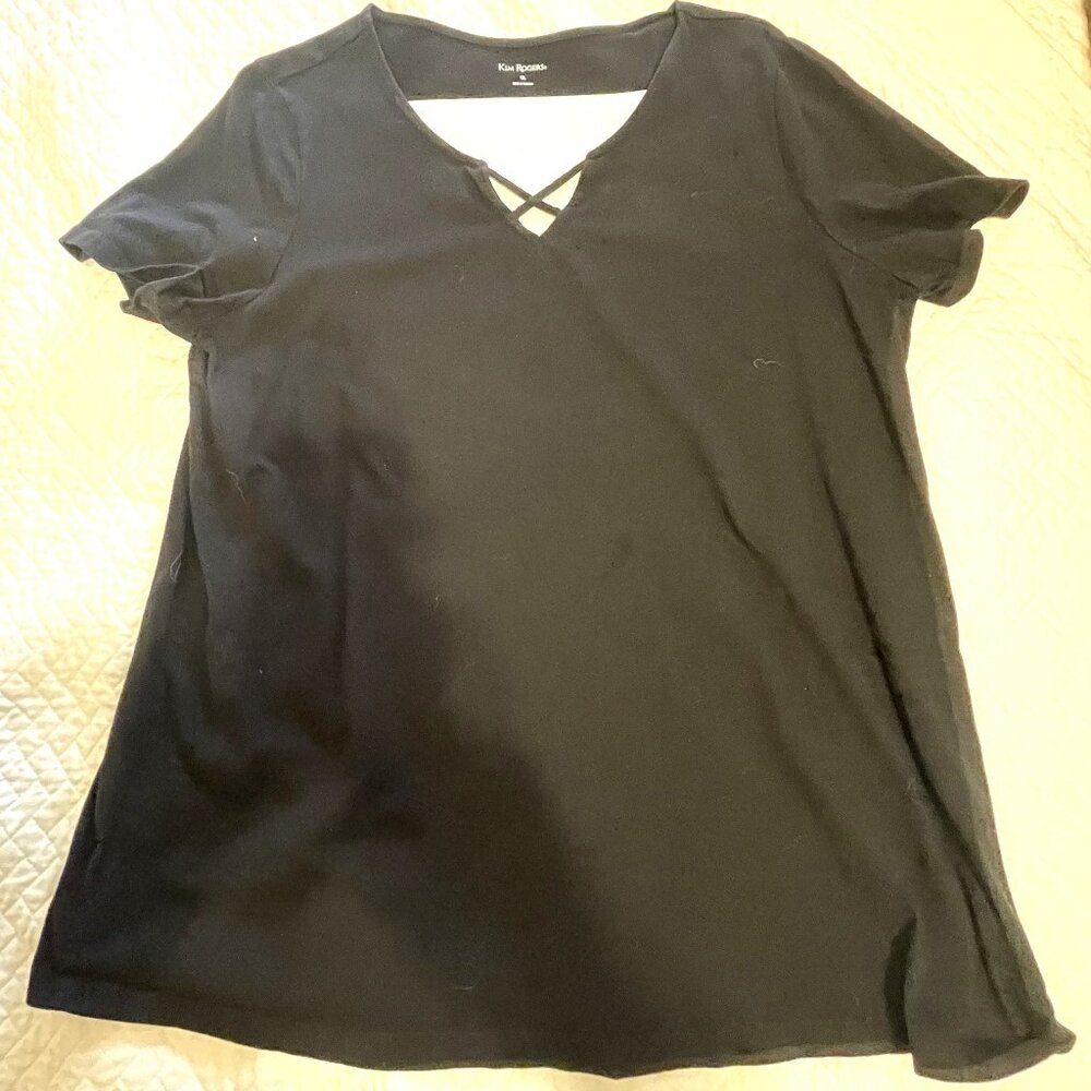 Kim Rogers, Size XL, Black, Short Sleeve Tee Shirt, W/Fancy Cut Collar.